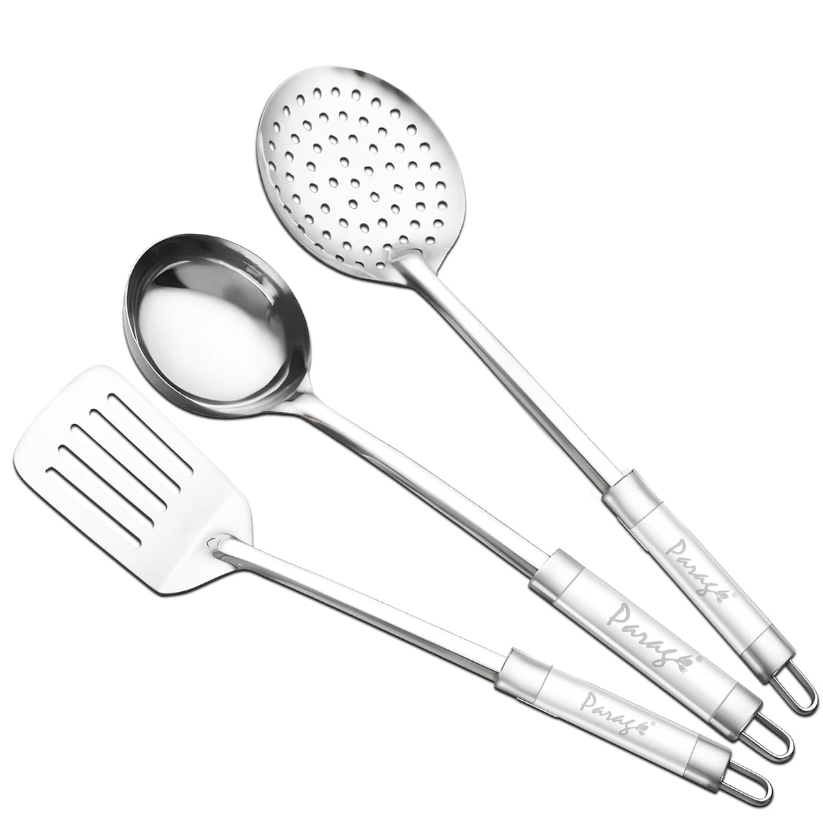Parage 3 Pieces Stainless Steel Kitchen Tools for Home & Kitchen, Cooking & Serving, Slotted Turner/Spatula (Palta), Skimmer/Jhara/Poni, Ladle(Karchhi), Dual Tone Handle Kitchen Gadgets, Silver