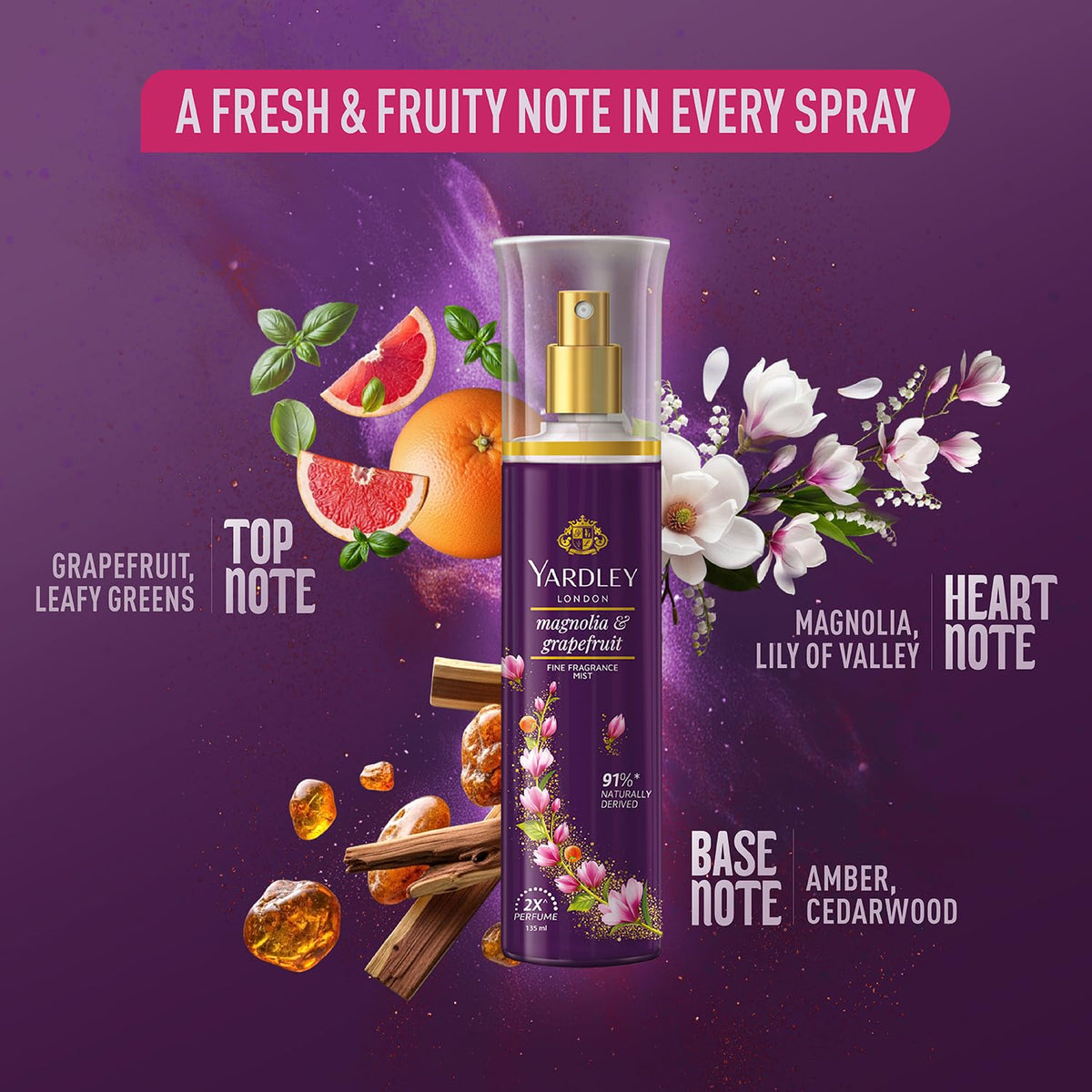 Yardley London Magnolia & Grapefruit Fine Fragrance Mist Spray| 2X Perfume Spray For Women| 91% Naturally Derived| 135ml
