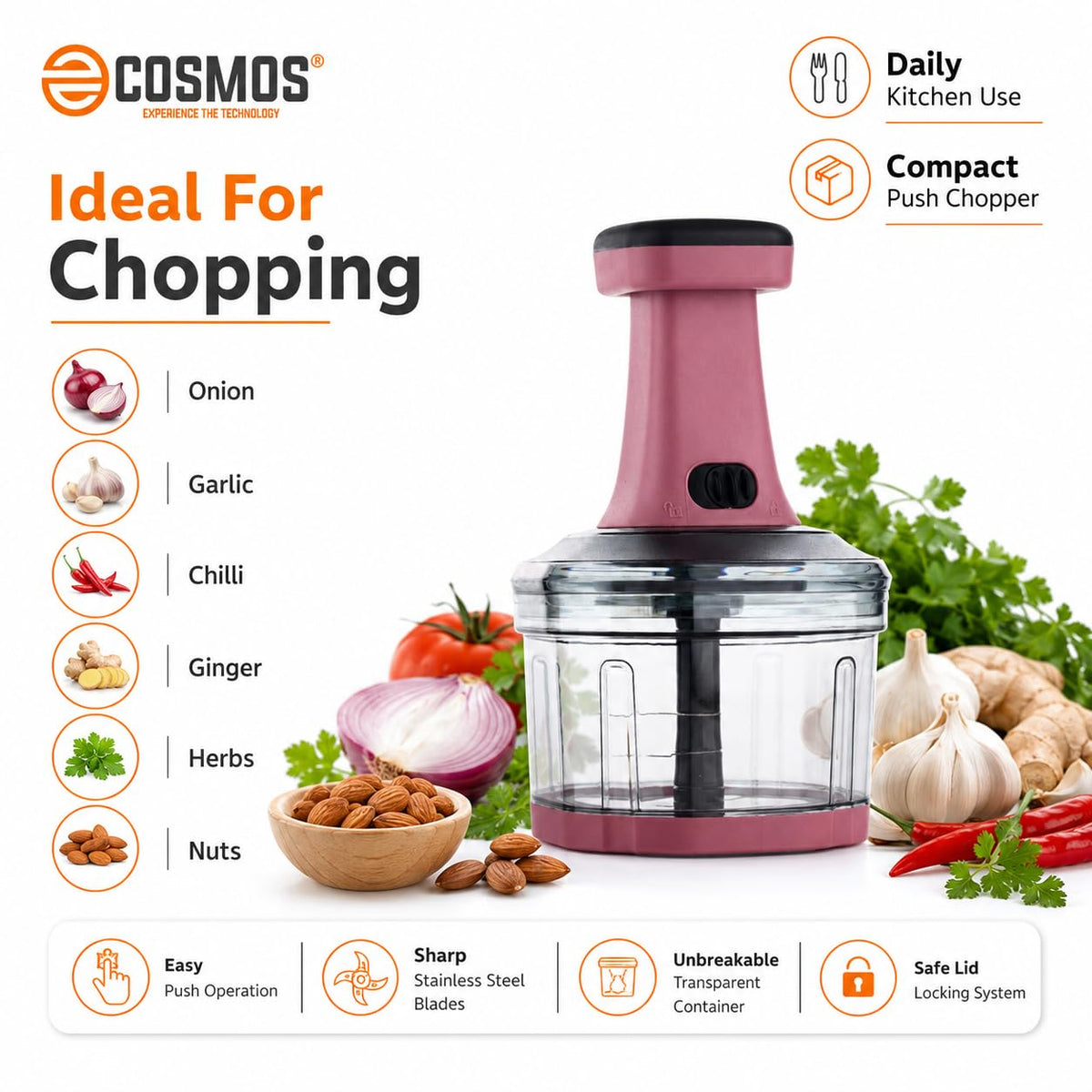 E-COSMOS® Food Chopper 800ml, 3 Blade Steel Large Manual Hand-Press Vegetable Chopper Mixer Cutter to Cut Onion, Salad, Tomato, Potato (Dusty Blush)