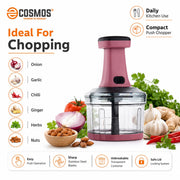 E-COSMOS® Food Chopper 800ml, 3 Blade Steel Large Manual Hand-Press Vegetable Chopper Mixer Cutter to Cut Onion, Salad, Tomato, Potato (Dusty Blush)