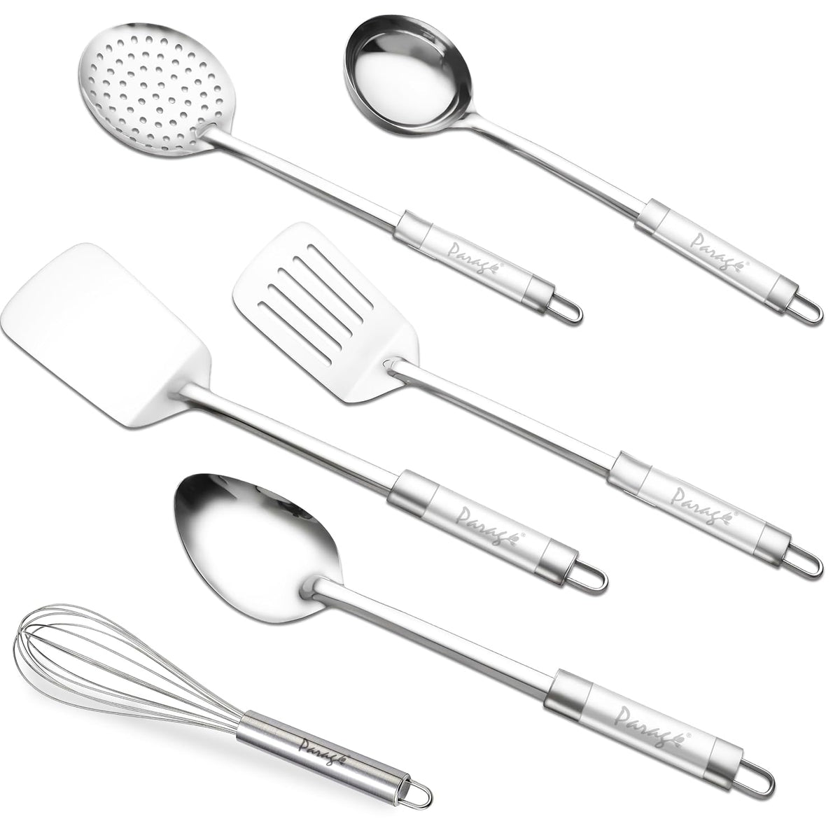 Parage 6 Pieces Stainless Steel Kitchen Tools for Cooking & Serving, Basting Spoon (Chamcha), Ladle(Karchhi), Slotted Turner, Skimmer(Jhara), Turner/Spatula (Palta), Blending Egg Whisk, Silver