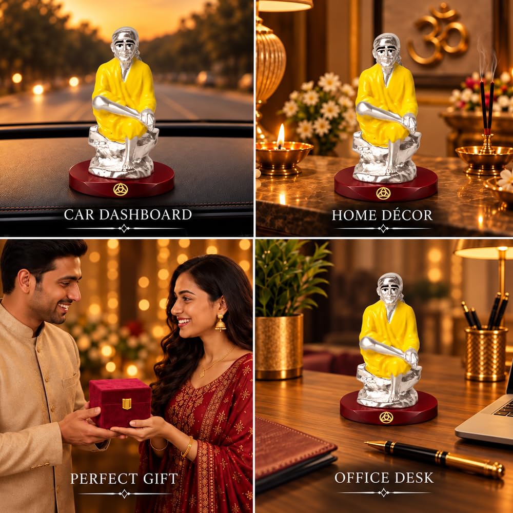 DIVINITI 999 Silver-Plated Sai Baba Idol | Shirdi Sai Murti for Home, Office & Pooja Mandir | Diwali, Housewarming & Spiritual Gift with Premium Gift Box | 9 x 6.5 CM