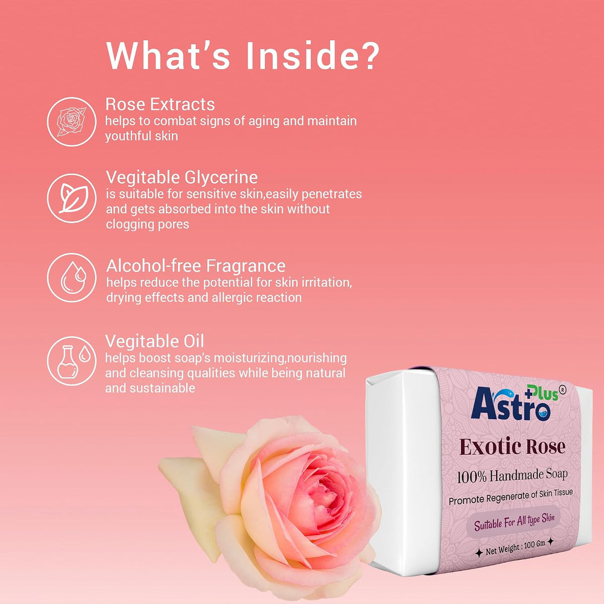 Astro Plus+ Rose Soap Homemade Natural Soap At Home For Your Healthy Skin Use For Deep Cleansing & Glowing Skin (1 pieces)