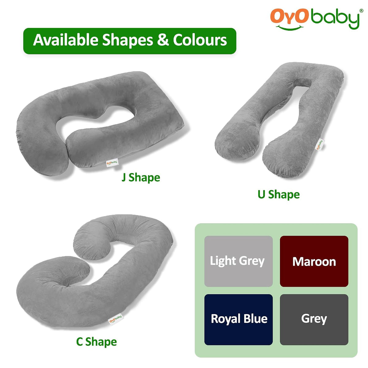 OYO BABY Maternity Pillows J-Shape Full Body Pillow | 360° Maternity Support for Back, Hips, Legs & Belly | Pregnancy Pillows for Women | Removable Washable Velvet Cover (Light Grey)