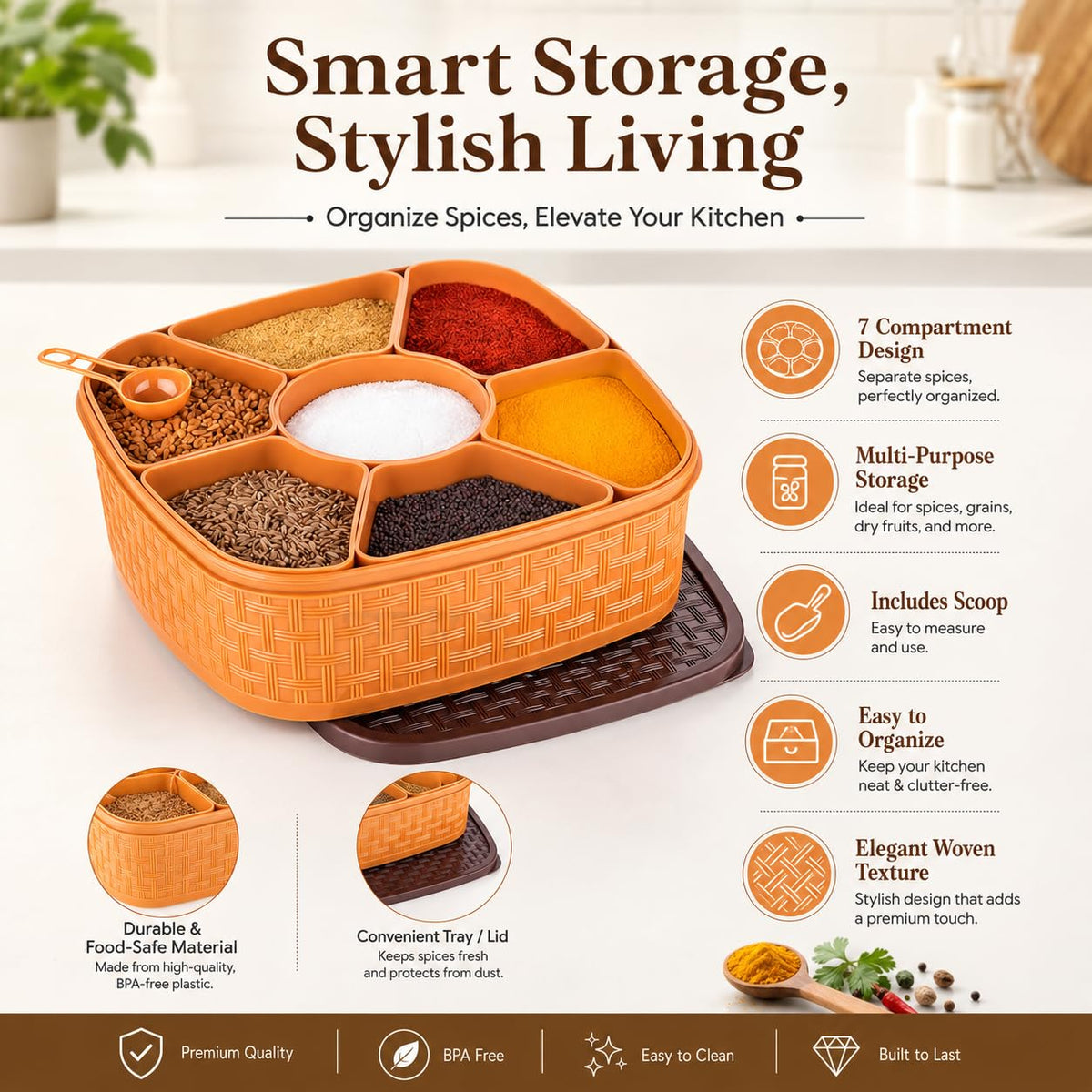 E-COSMOS® Plastic Square 7 Sections Multipurpose Masala Rangoli Dabba Box Set, Spice Box Set - Brown (Masala Box - 7 in 1)