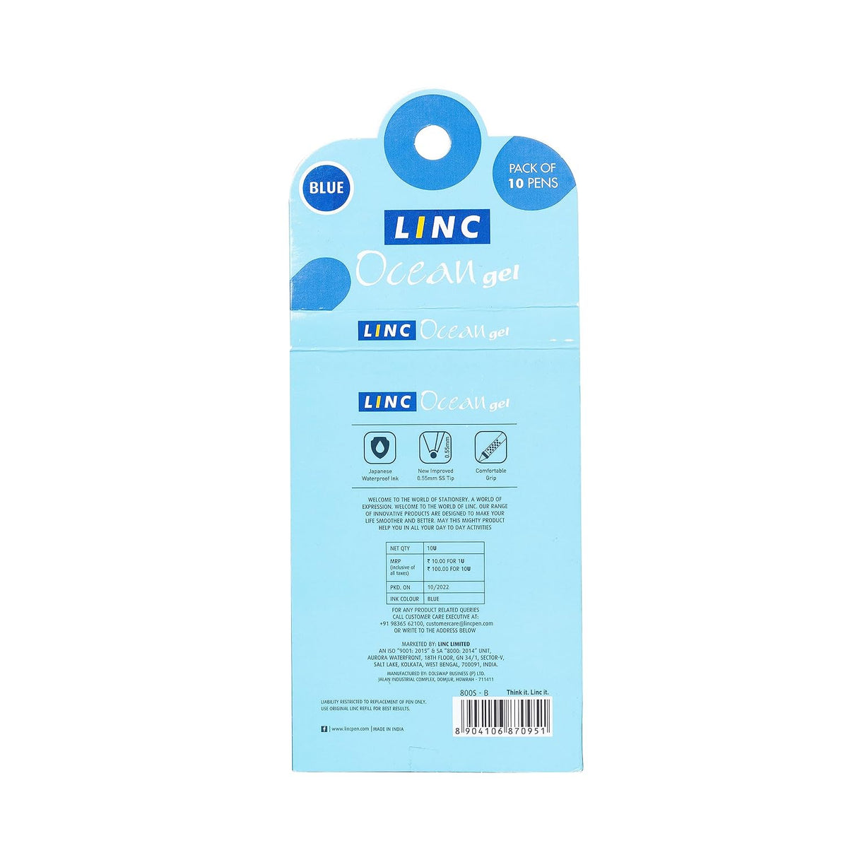 Linc Ocean Classic 0.55mm Gel Pen | Blue Ink | Set Of 10