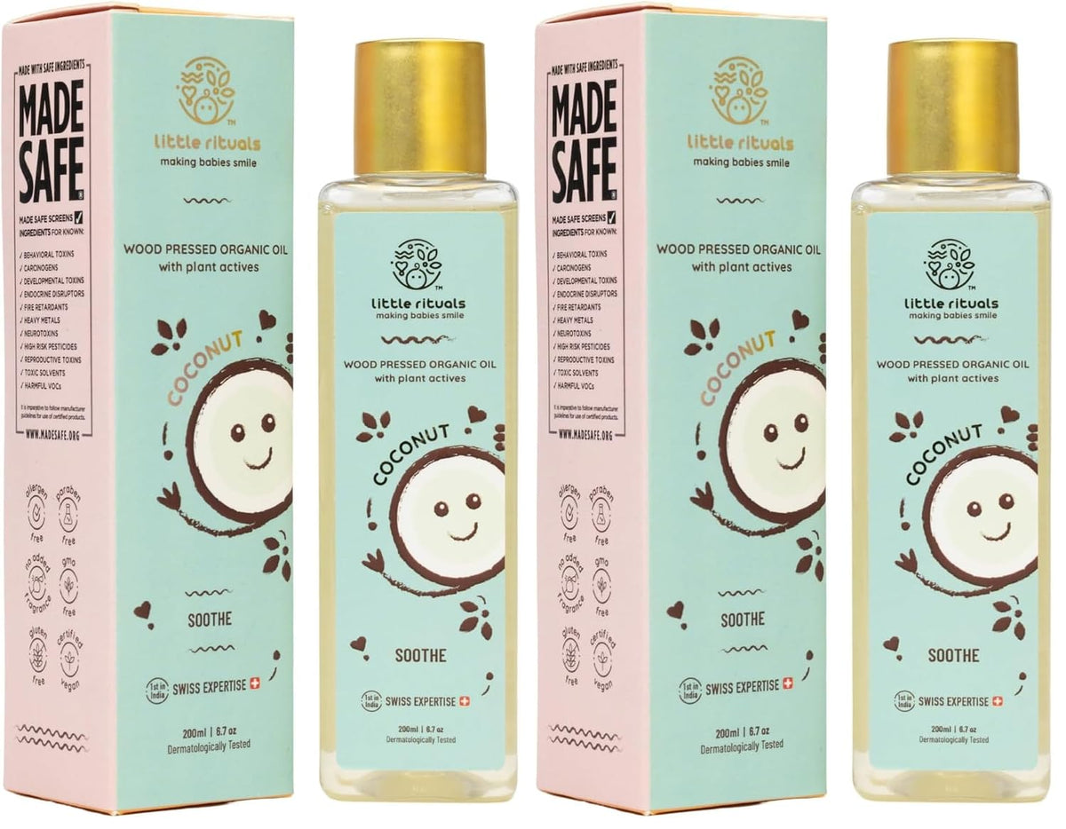 Little Rituals COCONUT BABY MASSAGE OIL Certified Organic, Wood Cold-Pressed for Skin and Hair with SWISS Plant Actives - 200 ml. Dermatologist Tested by Pediatrics, Mild & Gentle & Safe (Pack of 2)