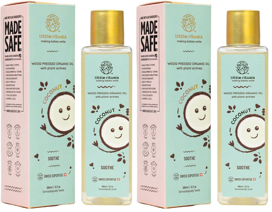 Little Rituals COCONUT BABY MASSAGE OIL Certified Organic, Wood Cold-Pressed for Skin and Hair with SWISS Plant Actives - 200 ml. Dermatologist Tested by Pediatrics, Mild & Gentle & Safe (Pack of 2)