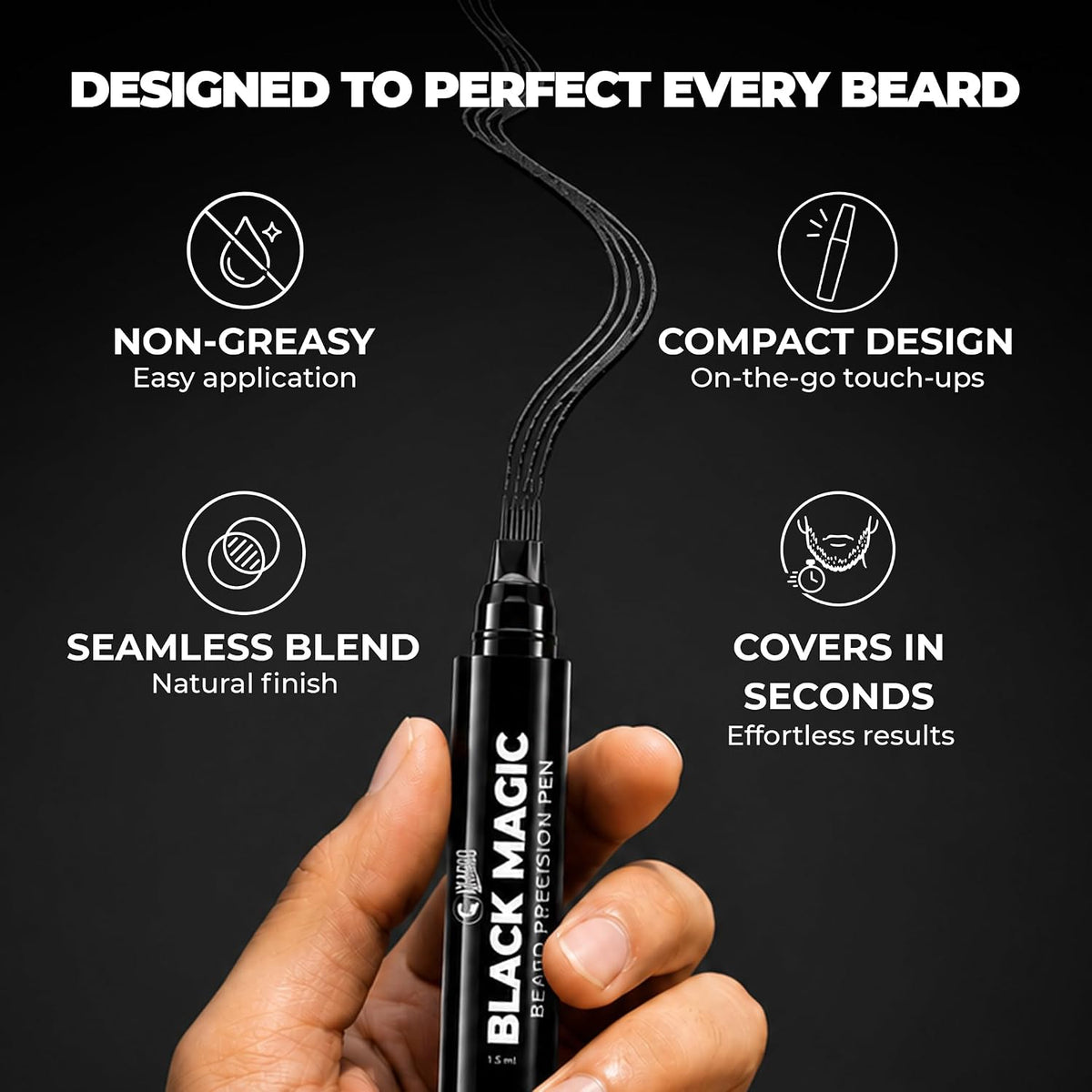 Beardo Black Magic Beard Precision Pen | Instantly Covers Patchy Beard | Hair-Like Precision Strokes | Natural Beard Filler Pen | Waterproof, Smudge-Proof & Long-Lasting | 1.5ml