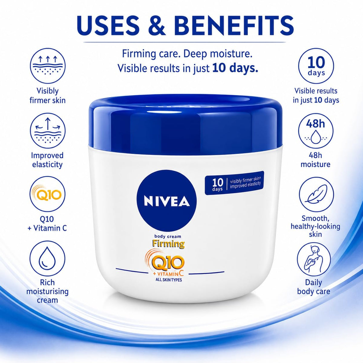 NIVEA Firming Body Cream with Q10 & Vitamin C, 48H Intensive Moisture, Helps Improve Skin Firmness & Elasticity, for All Skin Types, 400 ml