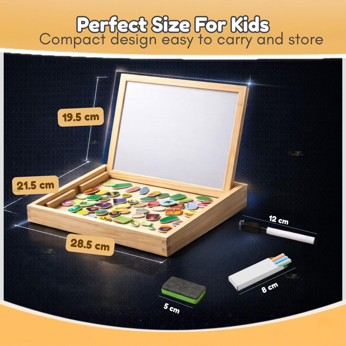 Toy Imagine Wooden Magnetic Chalkboard – Double-Sided Educational Learning Board with Chalk, Marker & Duster – Small Green & White Writing Board for Kids (3+ Years)