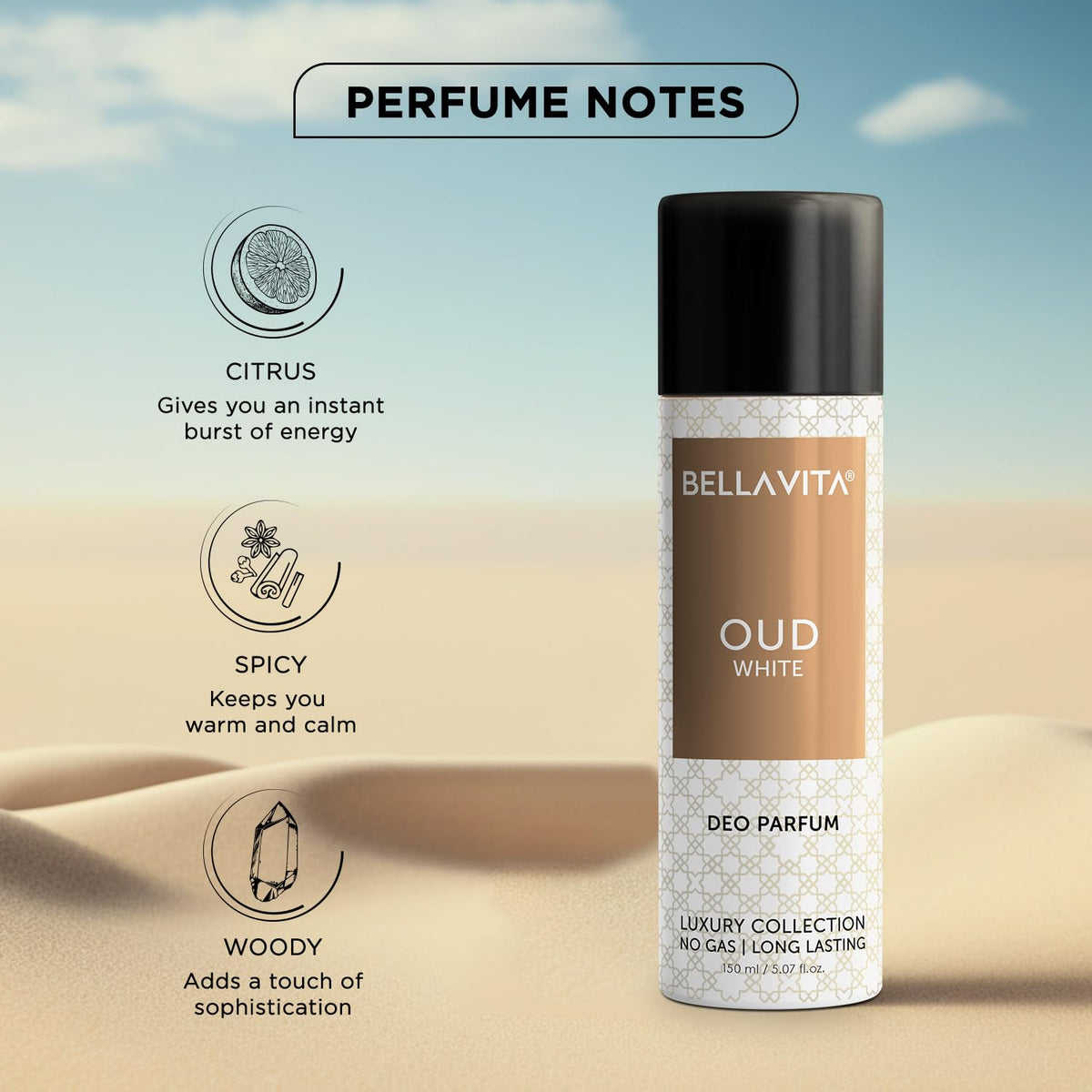 Bella Vita Luxury Male Oud White Body Deo 150ml | No Gas Deo for Man and Woman | Warm Woody, Fresh Citrus & Subtle Tobacco Notes | Long Lasting Body Spray