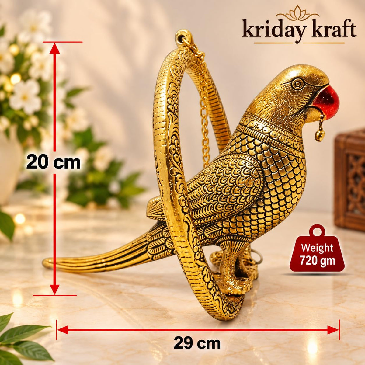 KRIDAY Kraft Gold Parrot Door Hanging, 30 cm Decorative Bird Wall Hanging with Chain for Main Door, Living Room, Office, Covered Balcony, Wedding and Housewarming Gift