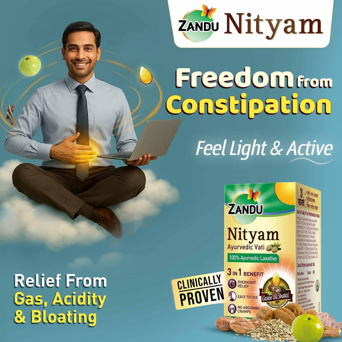 Zandu Nityam 30 Tablets Pack of 3 | Ayurvedic Laxative | Overnight relief from constipation | Relief from Gas, Acidity & Bloating | No Stomach Cramps