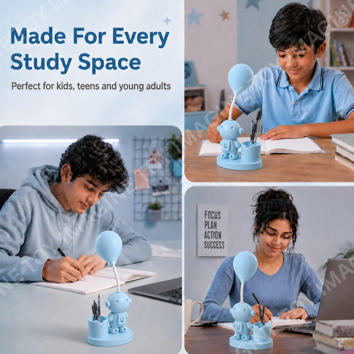 Toy Imagine 3-in-1 Kids LED Desk Lamp USB Rechargeable Night Light with Pen Holder and Pencil Sharpener Cute Astronaut Design Detachable Study Lamp for Girls & Boys Bedroom, Home & School