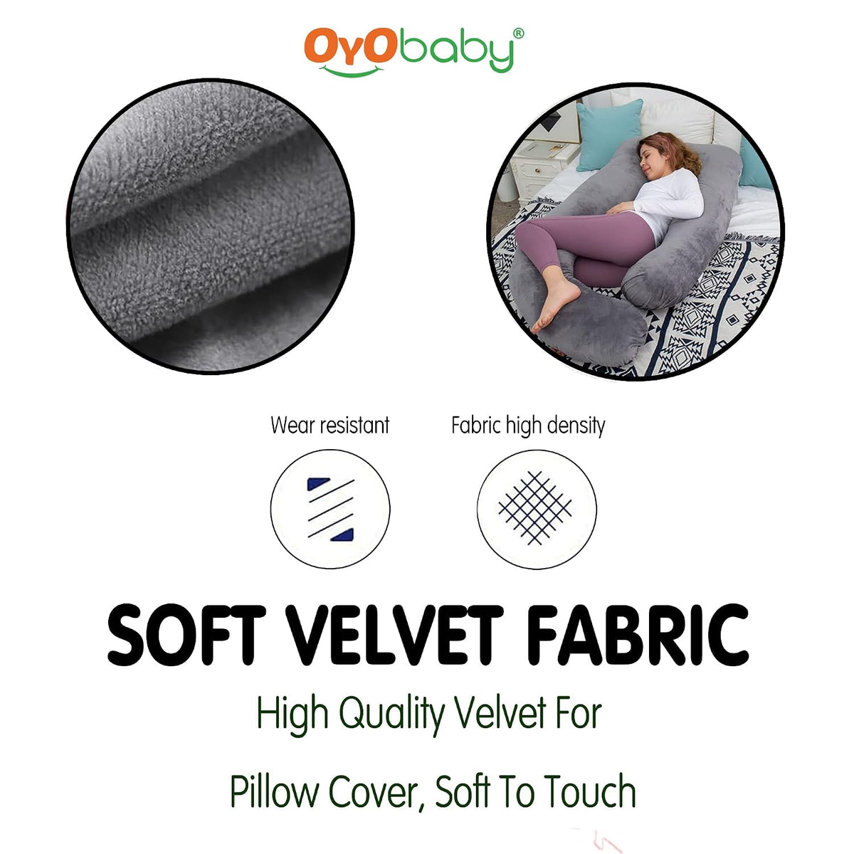 OYO BABY Pregnancy Pillows for Sleeping J-Shape Full Body Pillow and Maternity Support - for Back, Hips, Legs, Belly for Pregnant Women with Removable Washable Velvet Cover (Grey)