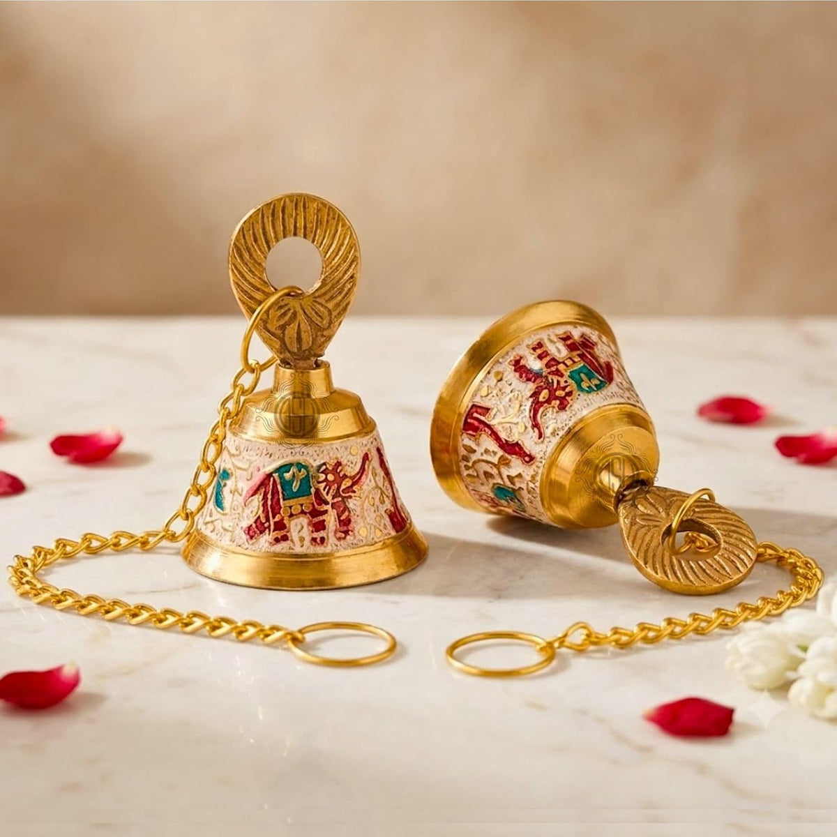 DSH Pure Brass Hanging Bell with Chain for Temple Mandir Door Home Decorative Ringing Bell (White, 2)