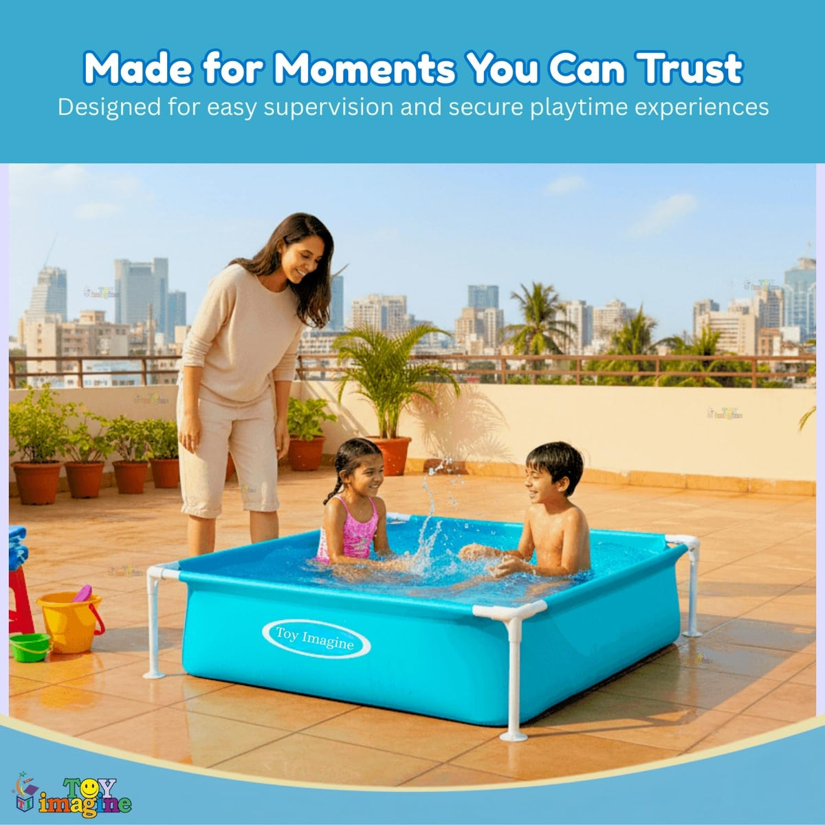 Toy Imagine Mini Frame Pool Square Kids Portable Above-Ground Kiddie Pool, Steel Frame PVC Liner, Easy Setup Backyard Splash for Toddlers & Family (48" L x 48" W x 12" H)