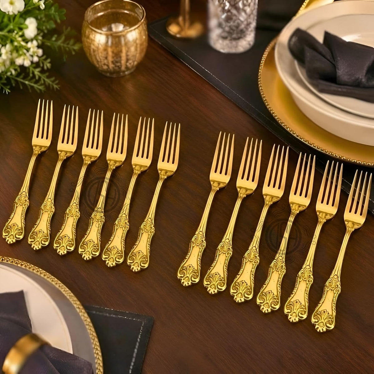 DSH Pure Brass Fork Floral Design Dinner Fork for Dining Table Home Kitchen Multipurpose Use.(BR-FORKking-12P)