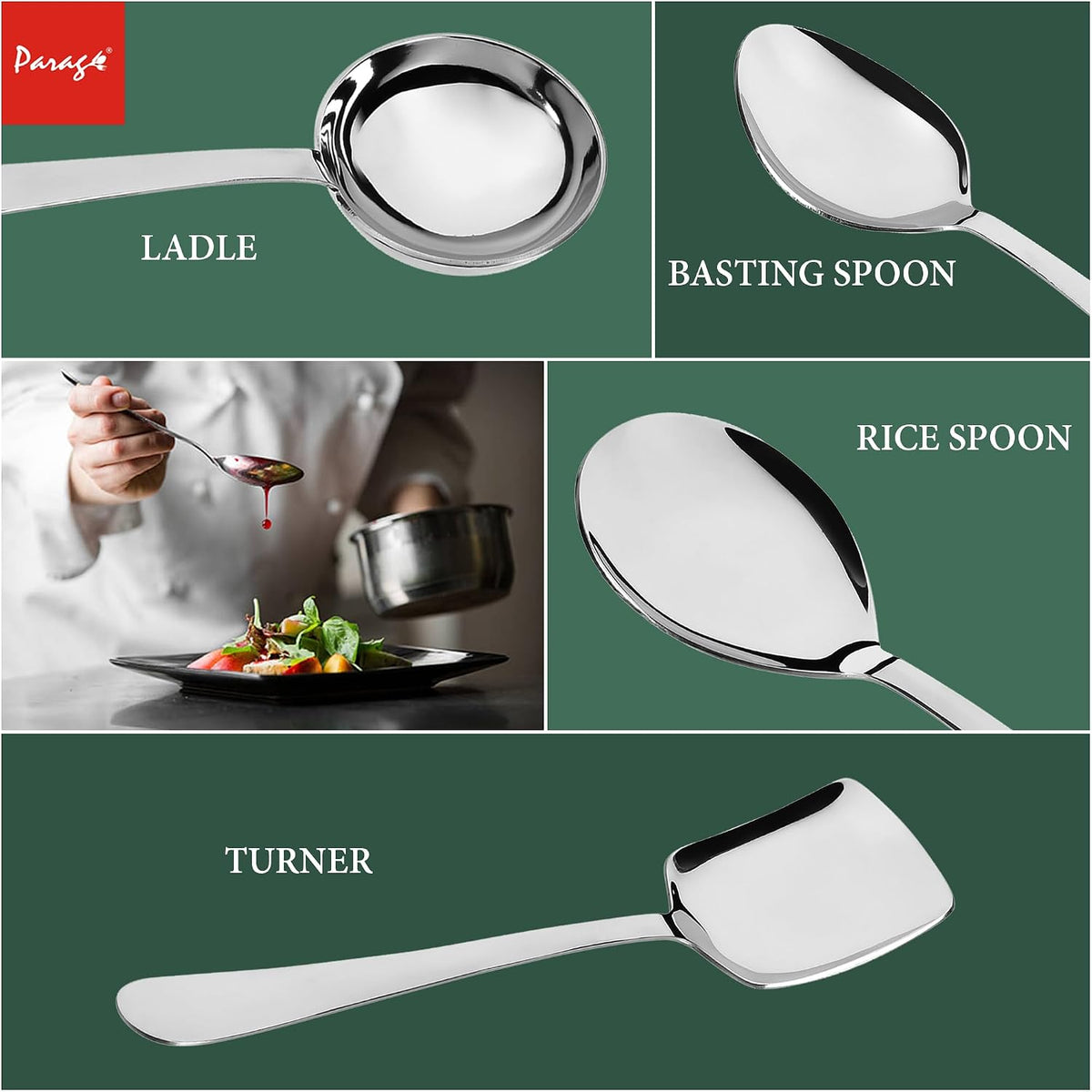 Parage 4 Pieces Stainless Steel Serving Spoons Set for Dining Table/Kitchen, 1.8 mm Heavy Gauge (1 Soup Ladle (Karchi), 1 Solid Spoon (Chamcha), 2 Rice/Serving Spoons), Silver (Pack of 4)