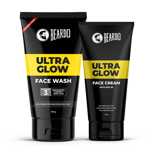 Beardo Ultra Glow Face Wash 100ml & Ultra Glow Face Cream with SPF 30, 60g | Powered by Niacinamide, Vitamin C & Kojic Acid for Visibly Bright Skin | Cleanses, Hydrates & Protects | For Men