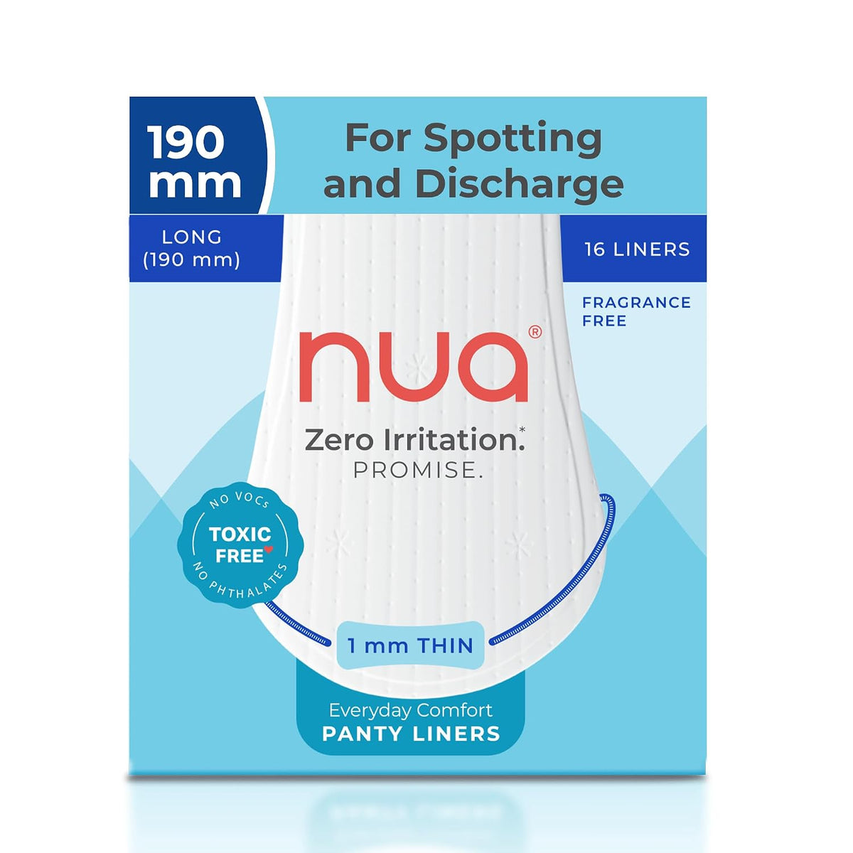 Nua Everyday Comfort Panty Liner for Women Daily Use | Pack of 16 liners 190mm | For White Discharge, Spotting & Non Period Leakages | Individually Wrapped | Zero Irritation | Super-thin | Stays in Place | Instant Absorption | Softest Top sheet | 100% Toxic-Free | Panty Liner Pads Sanitary Napkins