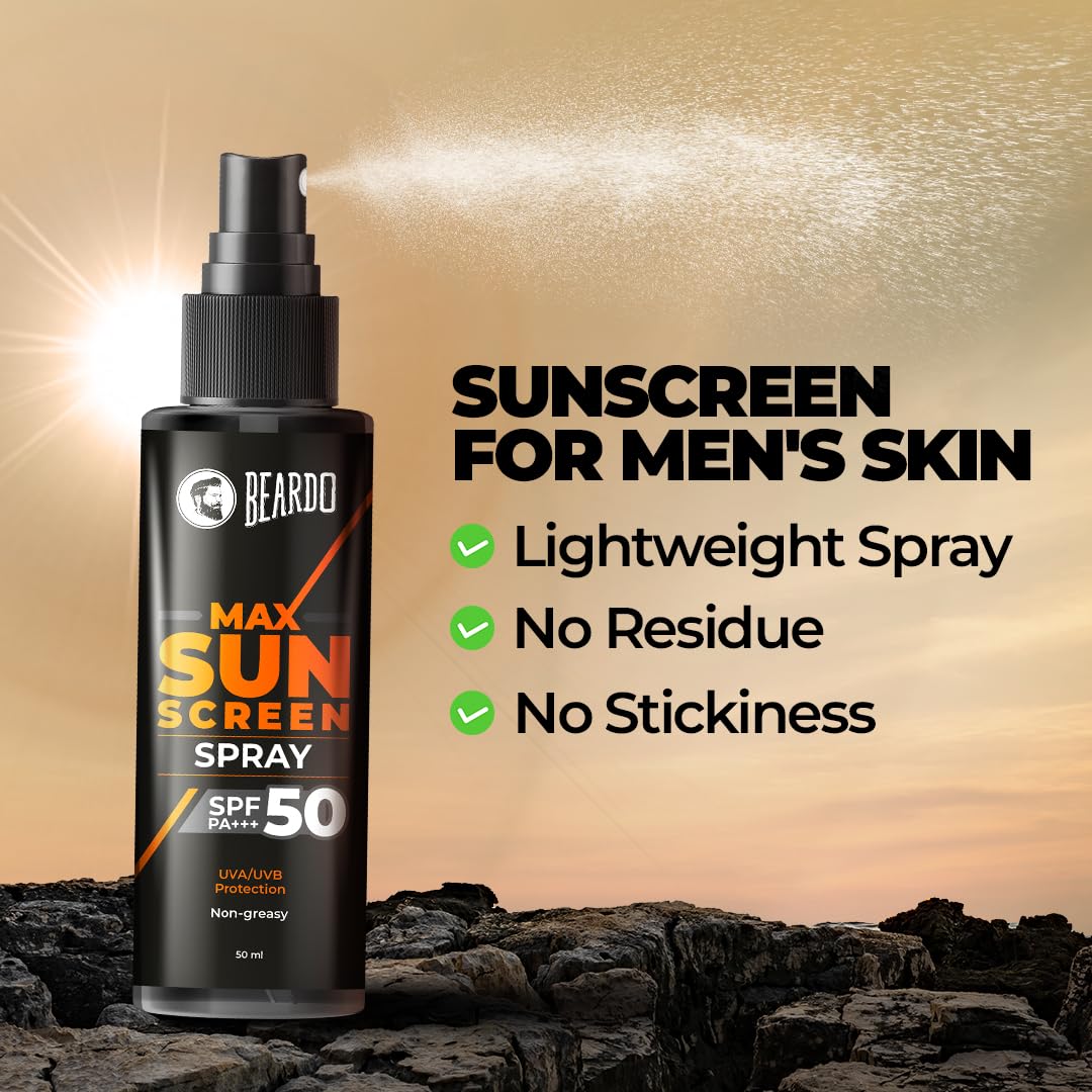 Beardo Max Sunscreen SPF 50 & PA+++ Spray for Men | Non-greasy Spray for Men | Easy Application of Sunscreen for Oily Skin | UVA UVB Protection | 50ml
