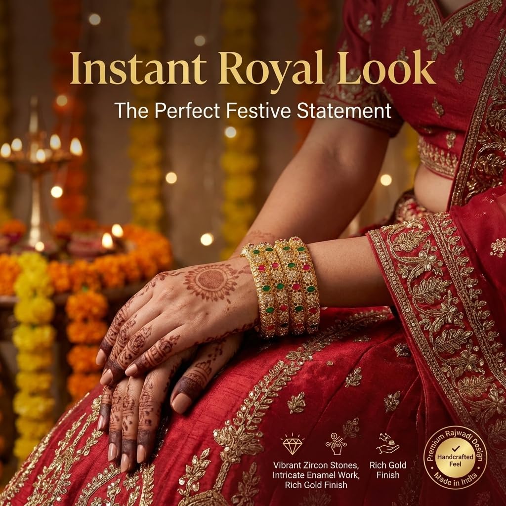 NMII Traditional Gold Plated Metal with Red Zircon GemStone Bangles Set For Girls & Women | Premium Rajwadi Kangan Set | Girl's Bangles Bracelet | Stylish Kada For Women