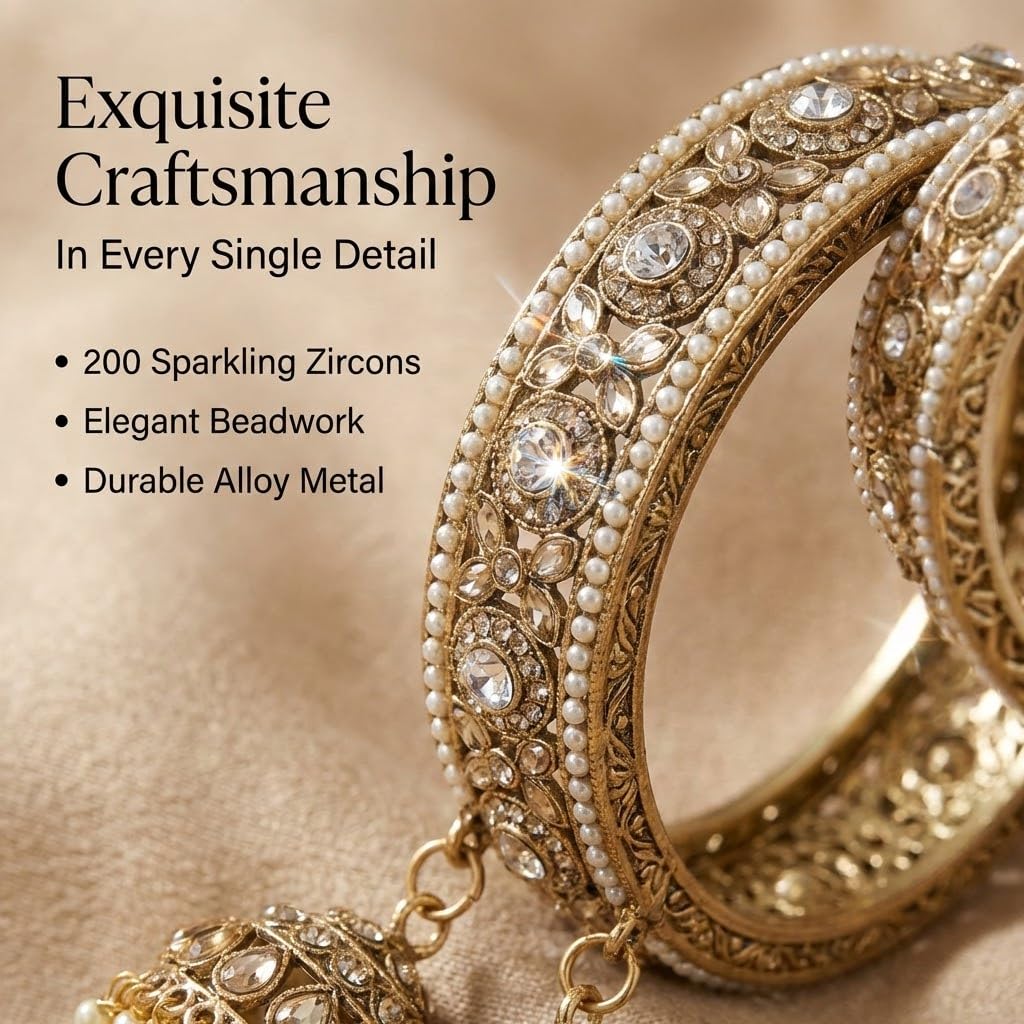 NMII Premium Alloy Latkan Kada Set Studded With Beads & Zircon Gemstone For Women & Girls | Traditional Pearls Kada Set | Kalira Bangles For Bridal | Dulhan Chudi Set For Wedding & Partys - Set Of 2