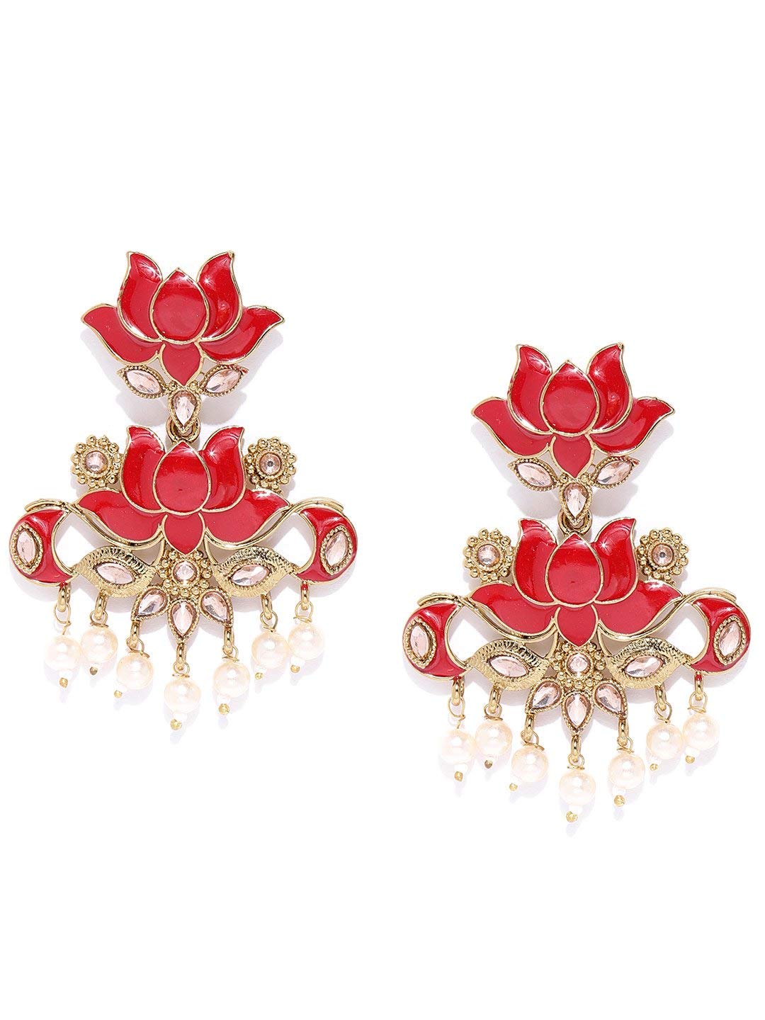 Priyaasi Gold-Plated Stones Studded, Lotus Patterned Meenakari Drop Earring in Red Color with Pearls Drop, One Size (EAR-PR-50170-RED)