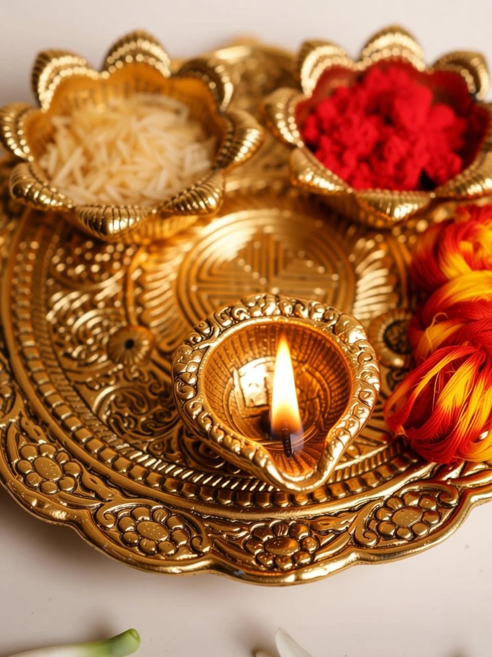 KridayKraft Metal Pooja Thali with Diya for Pooja Home/Temple/Mandir,Decorative Showpiece Pooja Thali Set for Diwali Poojan Wedding Gift Article
