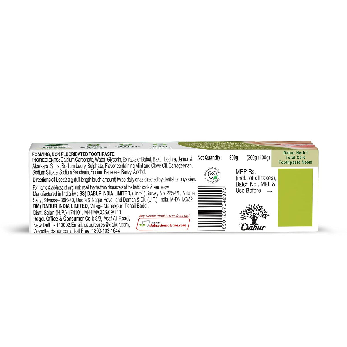 Dabur Herb'l Neem Germ Protection Toothpaste - 600g (200g + 100g x Pack of 2) | Fights Bacteria | No Added Flourides & Parabens | Complete Oral Care