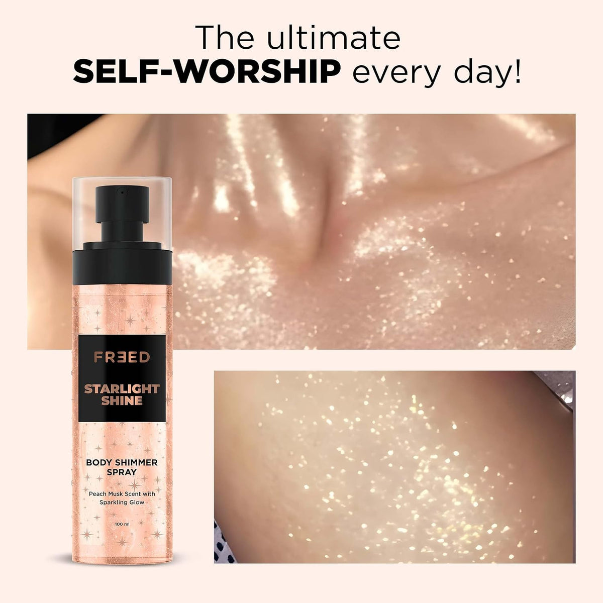 Beardo FREED Starlight Shine Ultra-Fine Shimmer Spray With Peach Musk Body Mist For Women | Luxury Shimmer Spray | Instant Glow, Long Lasting, Premium Fragrance For Women -100Ml