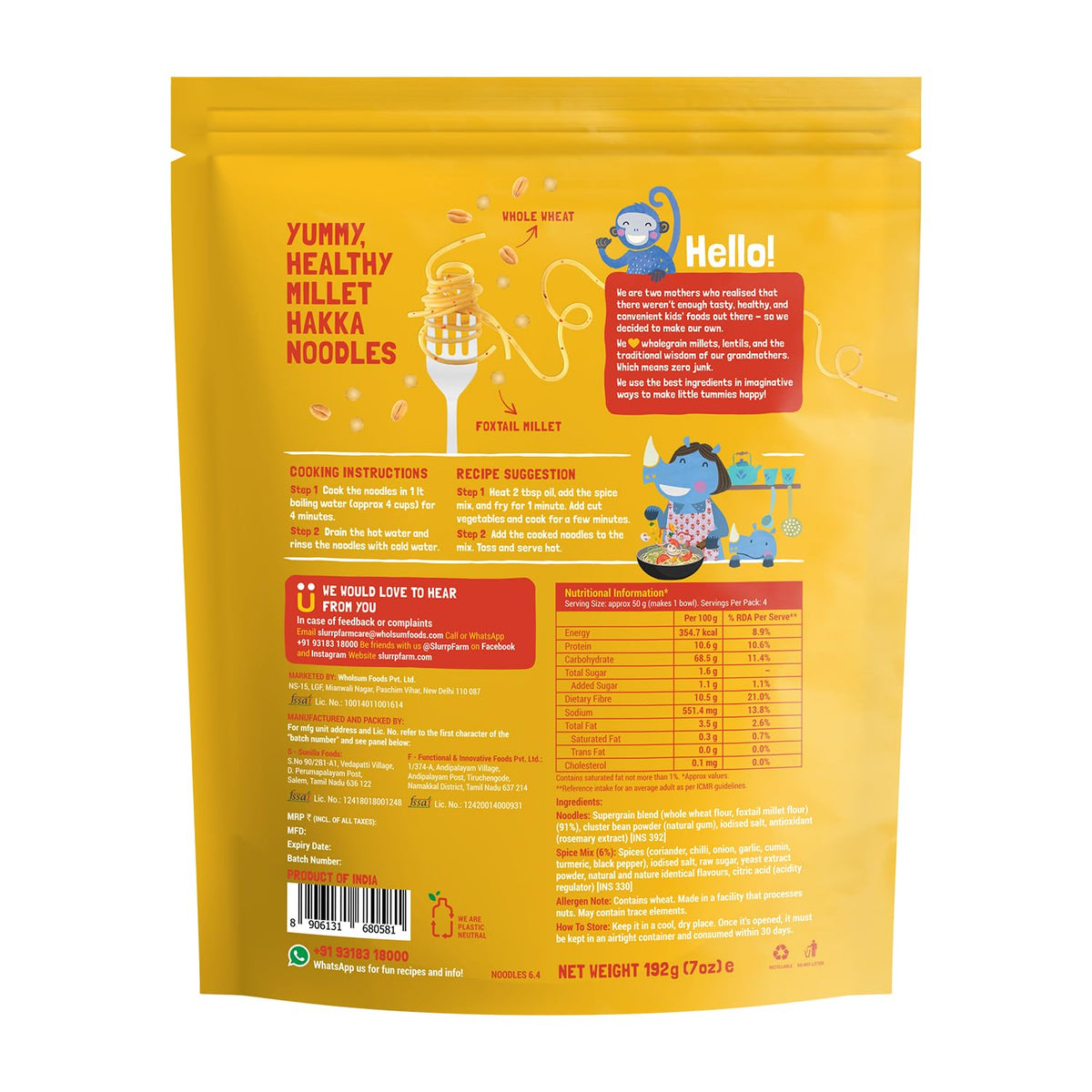 Slurrp Farm No Maida Millet Noodles | Not Fried, No MSG | Classic Masala Millet Noodles Pack of 3-192g Each