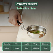 Parage 1 Pc Triply Stainless Steel Tadka Pan 500ml with Heat Resistant Handle | Tripure | Small Deep Tempering Pan for Dal, Ghee & Curry | Durable Steel Tadka Pan for Indian Cooking (13 cm Diameter)