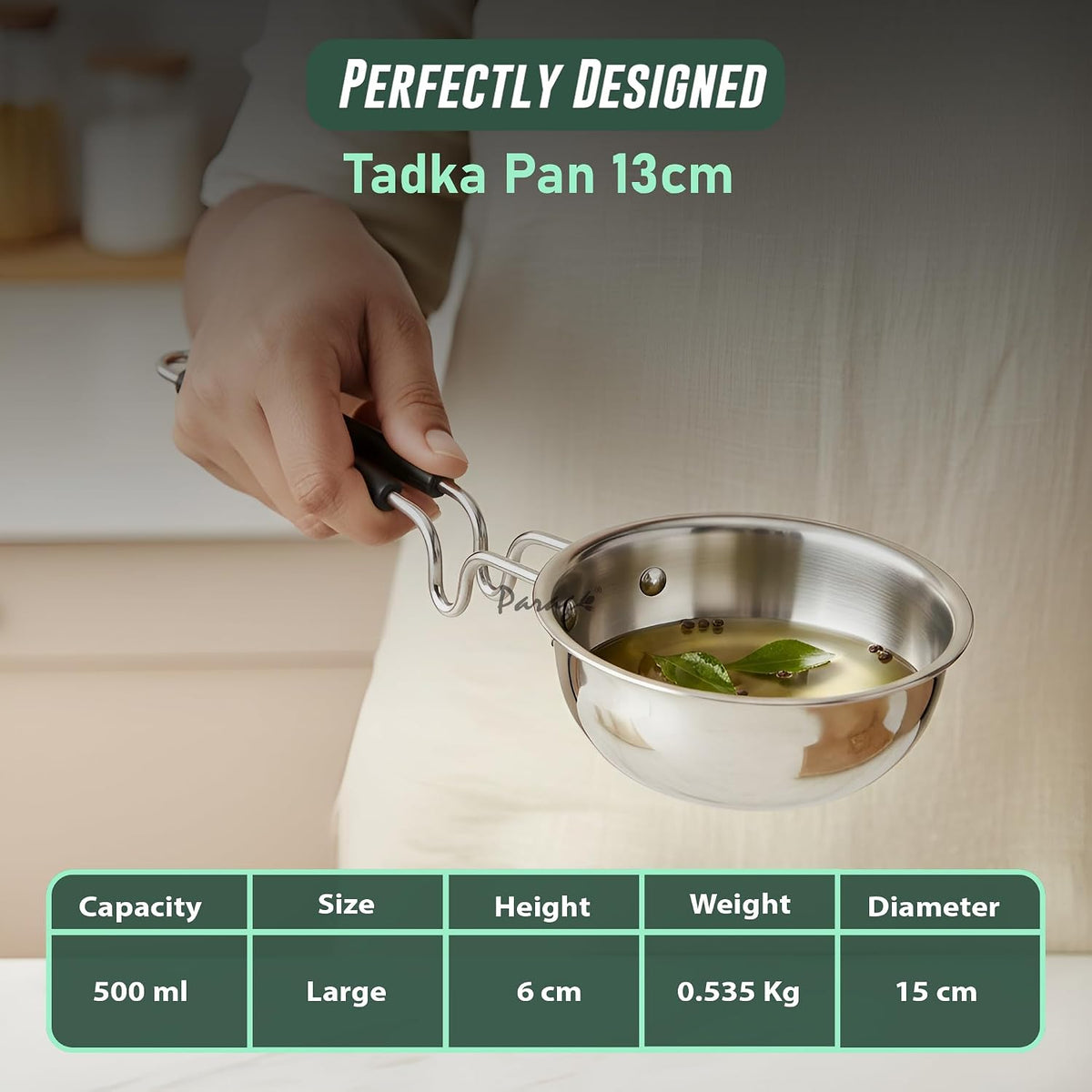 Parage 1 Pc Triply Stainless Steel Tadka Pan 500ml with Heat Resistant Handle | Tripure | Small Deep Tempering Pan for Dal, Ghee & Curry | Durable Steel Tadka Pan for Indian Cooking (13 cm Diameter)