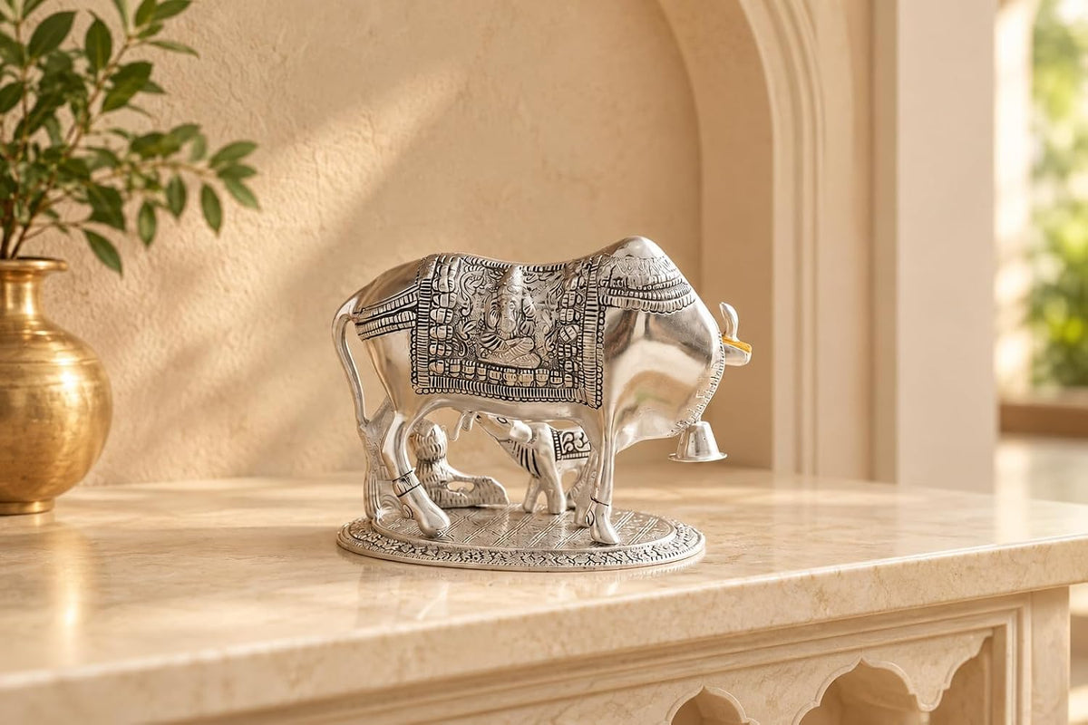 KridayKraft Kamdhenu Cow & Calf with Bal Gopal Krishna Metal Statue Vastu Idol for Good Luck, Wealth & Prosperity, Feng Shui Showpiece for Home, Office & Housewarming Gift (Silver)