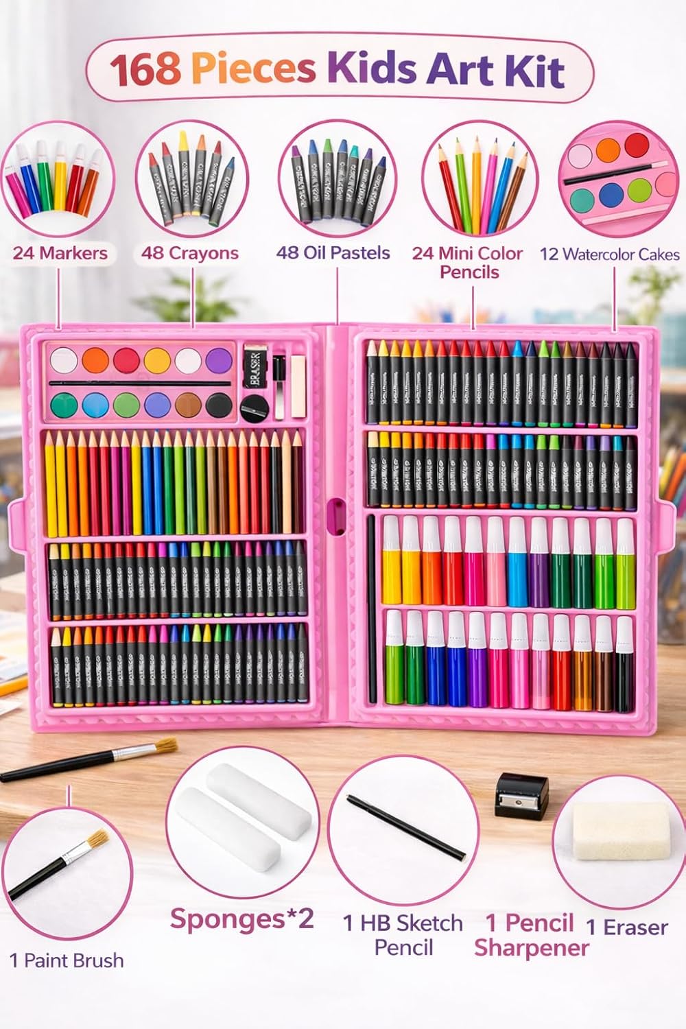 Toy Imagine 168 Pieces Art Set for Kids Drawing Painting Kit | Colour Set with Crayons Markers Oil Pastels Water Colours & Case | Stationery Kit for Kids 6–12 | Art Craft Supplies Gift for Boys & Girls(Assorted)