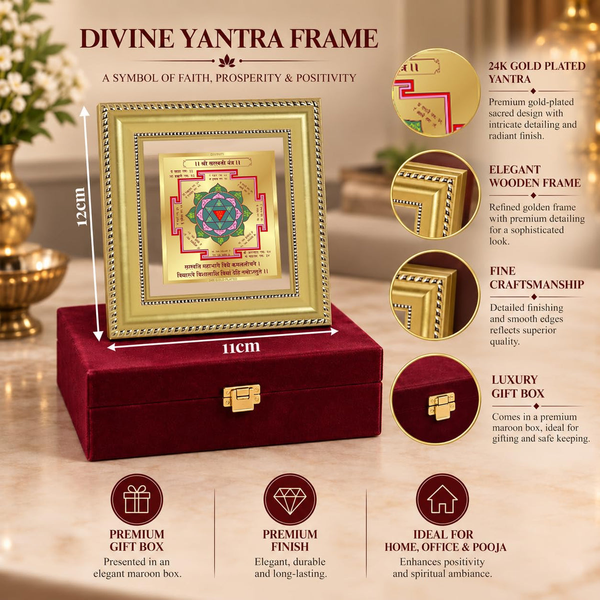 DIVINITI Siddh Energised Saraswati Yantra | 24k Gold Plated Foil Wisdom Blessings Vastu Frame for Home, Office & Puja Room | Premium Gift Box | Spiritual Yantra for Knowledge, Wisdom & Success | 12 X 11 CM