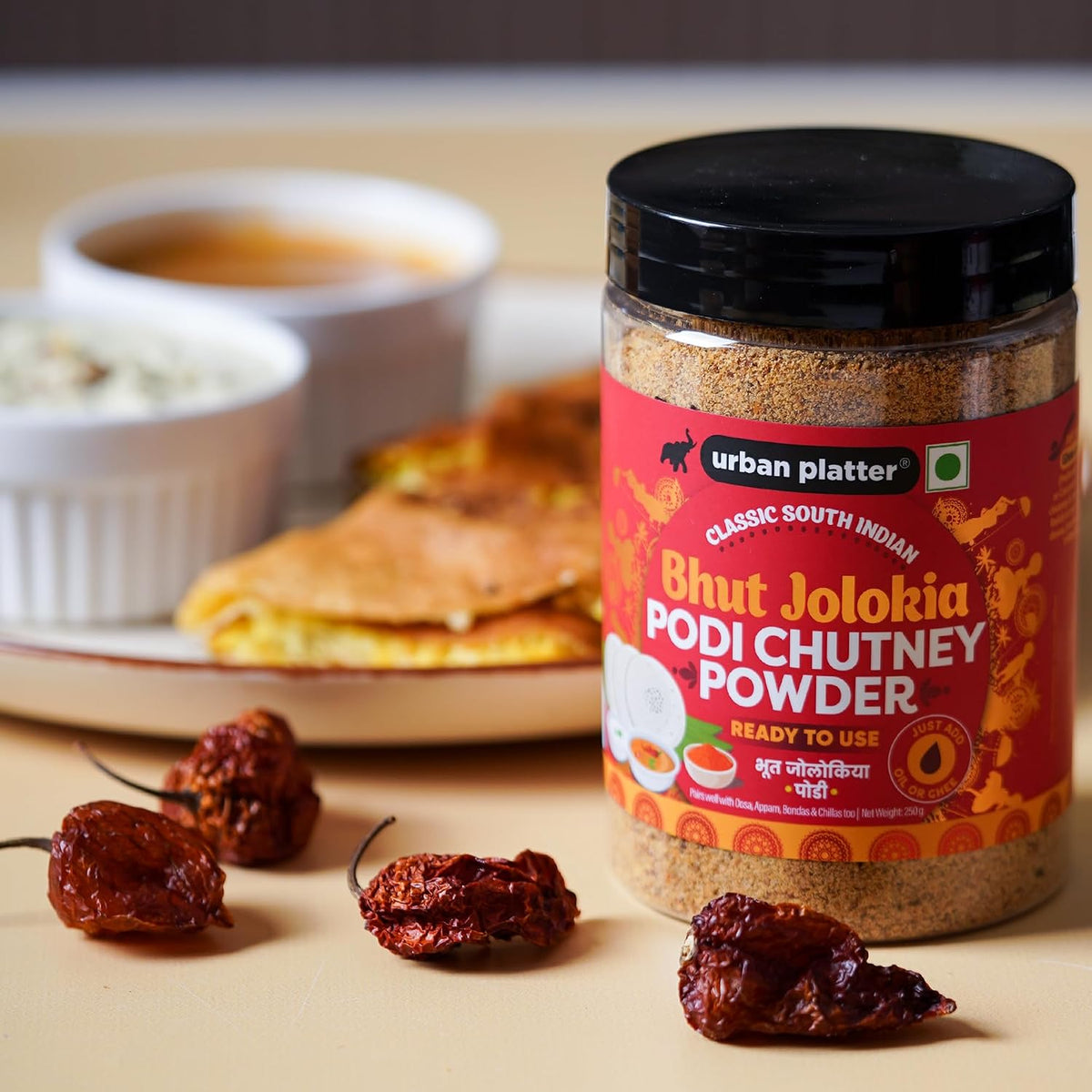 Urban Platter Classic South Indian Bhut Jolokia Podi Chutney Powder, 250g (Ready to use, Just add ghee or Oil)