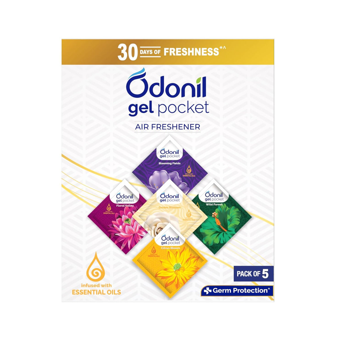 Odonil Gel Pocket – 50g (10g X5) | Pack of 5 Assorted Fragrances | Infused with Essential Oils | Germ Protection | Lasts Up to 30 Days | Air Freshener for Bathroom, Toilet, Home & Office.