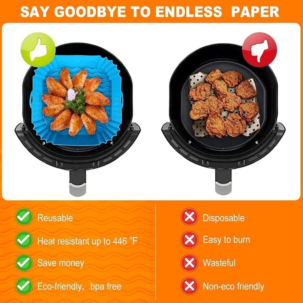 E-COSMOS® Square Silicone Air Fryer Liners (Set of 2), 8-Inch Reusable Nonstick Baking Trays with Handles,Heat Resistant Air Fryer Oven Accessories, Multicolor