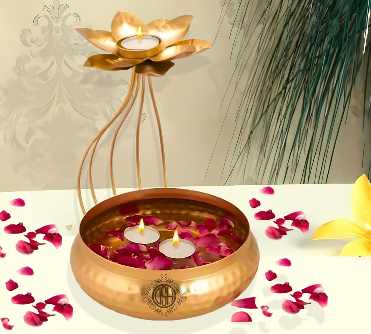 DSH CRAFTING YOUR CURIOSITY Urli Bowl Flower Design with Tealight Candle Holder for Diwali Home Decor and New Year Decoration Item.