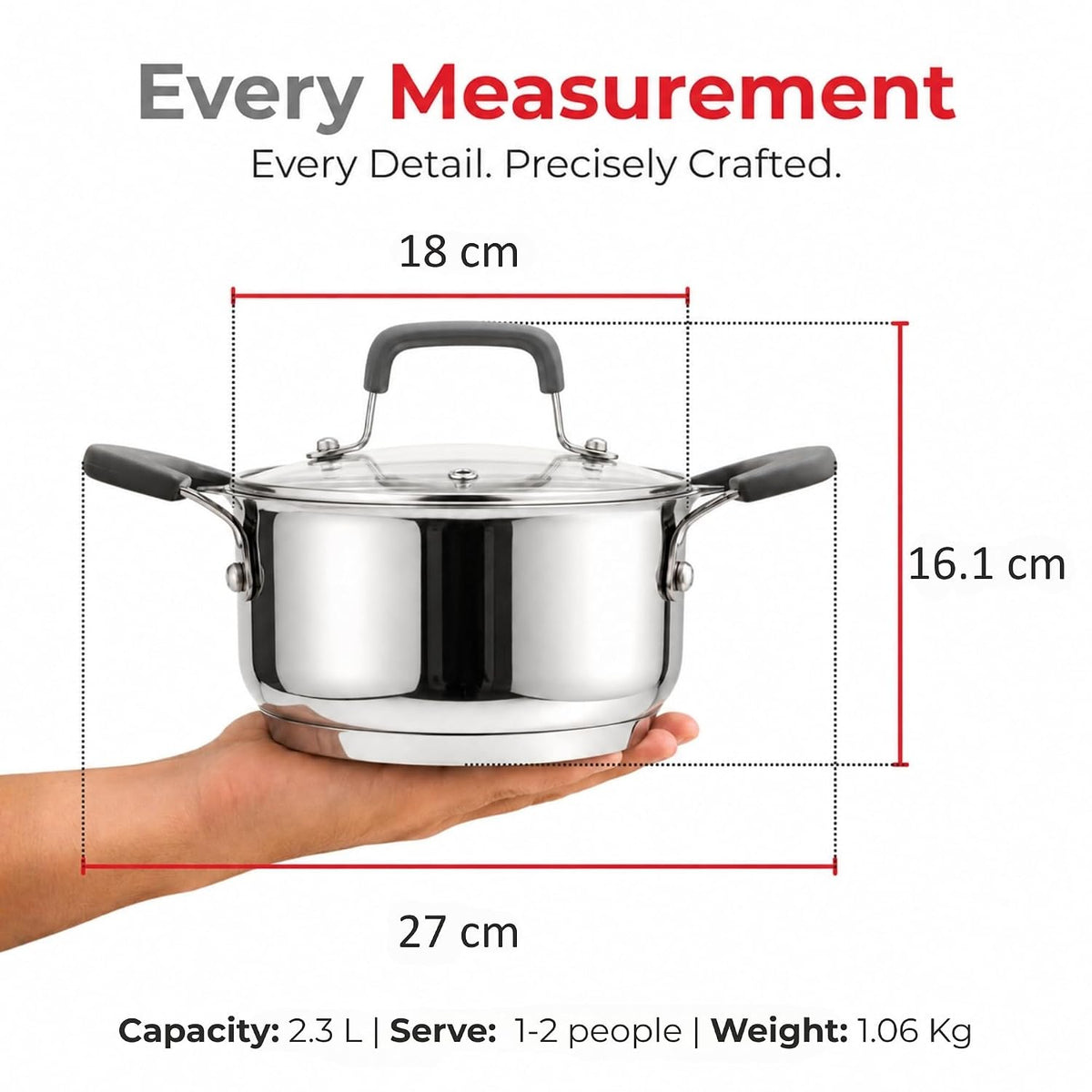 Vinod Tivoli Stainless Steel Saucepot with Glass Lid - 18 cm