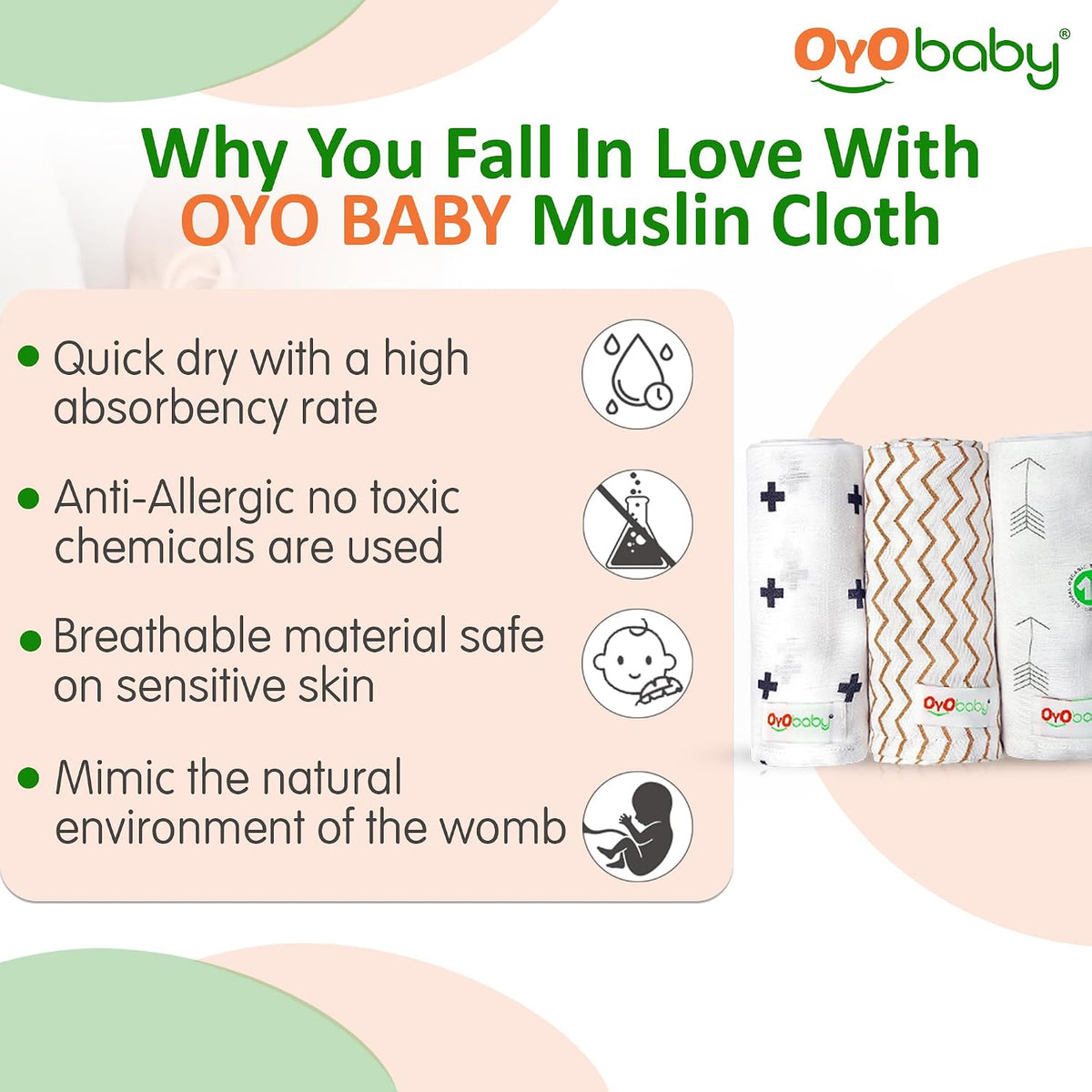 OYO BABY Premium Muslin Cotton Cloth, Baby Washcloths – Extra Soft, Absorbent & Reusable Face Towels for Newborns, Pack of 3 -White | Printed, 100x100cm | 0-18 Months