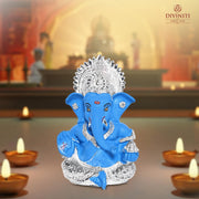 DIVINITI 999 Silver Plated Resin Lord Ganesha Idol for Car Dashboard, Tabletop|Ganesh Statue for Good Luck and Success|Ganpati Murti for Home Decor Mandir, Office Desk Puja Gift Blue (8.4x4.2cm)