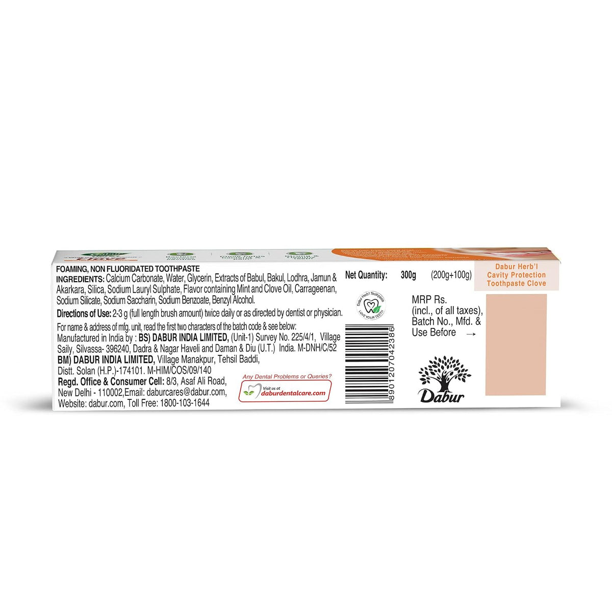 Dabur Herb'l Clove 300g (200g + 100g) - Cavity Protection Toothpaste with No added Fluoride and Parabens