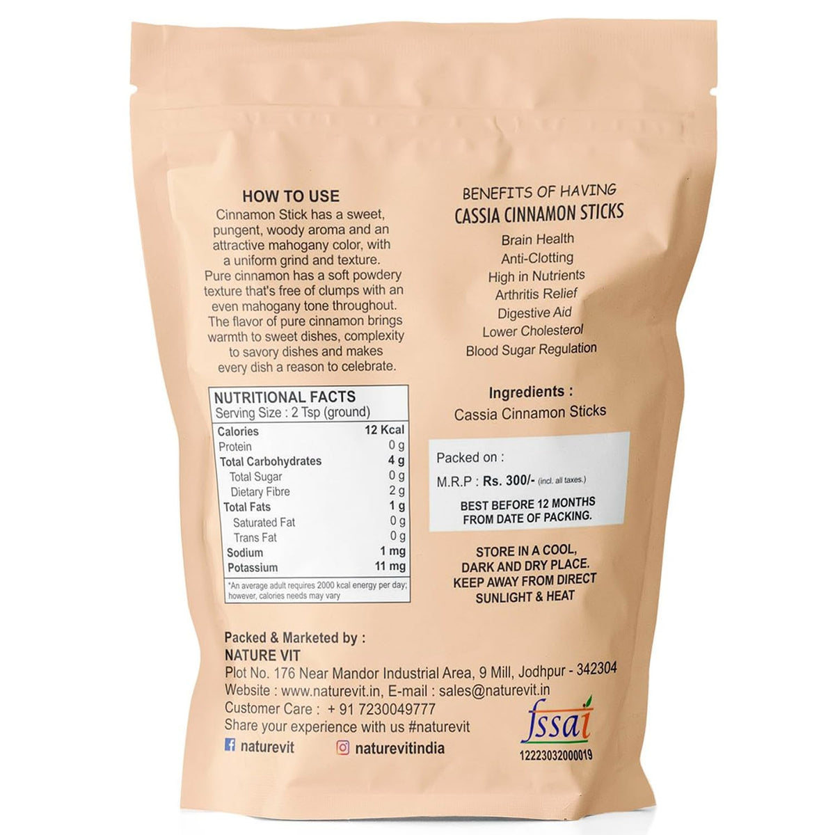 NatureVit Cinnamon Sticks 400g | Whole Dalchini | Natural & Aromatic Spice for Cooking, Tea & Health | Rich in Antioxidants