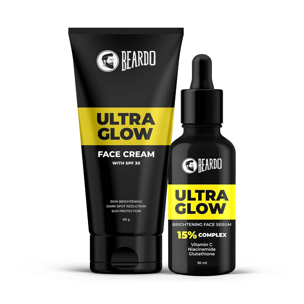 Beardo Ultra Glow Face Cream with SPF 30 & Brightening Face Serum with 15% Vitamin C, Glutathione & Niacinamide | Visible Brightness in 3 weeks | Dark Spot Reduction & Bright Skin | For Men (Pack of 2)