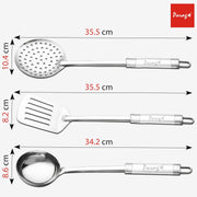 Parage 3 Pieces Stainless Steel Kitchen Tools for Home & Kitchen, Cooking & Serving, Slotted Turner/Spatula (Palta), Skimmer/Jhara/Poni, Ladle(Karchhi), Dual Tone Handle Kitchen Gadgets, Silver